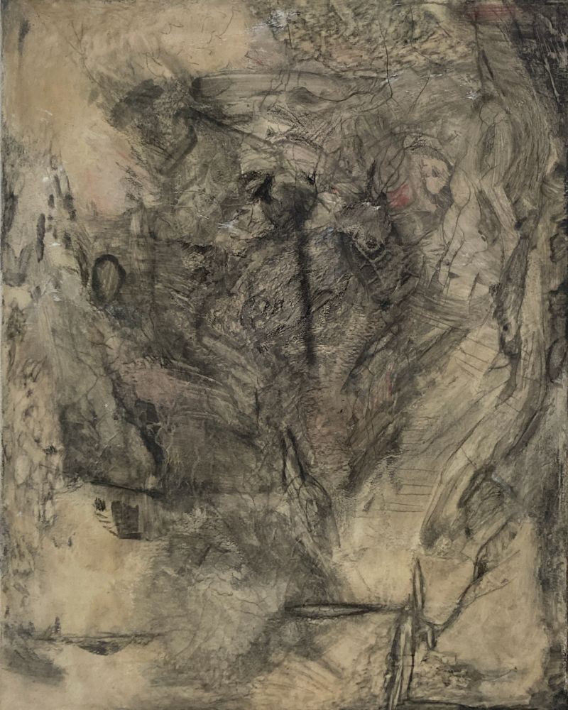 painting in beige and black titled 'Riff', 2025