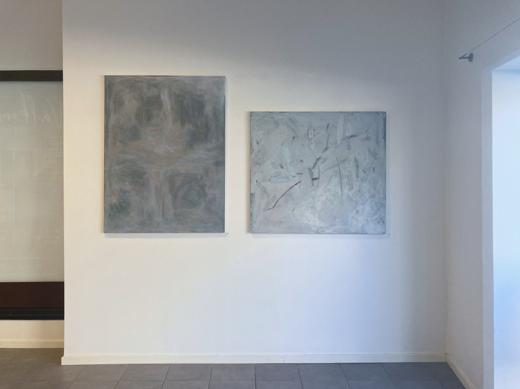 Exhibition view of two paintings by Carolin Hansson Roos