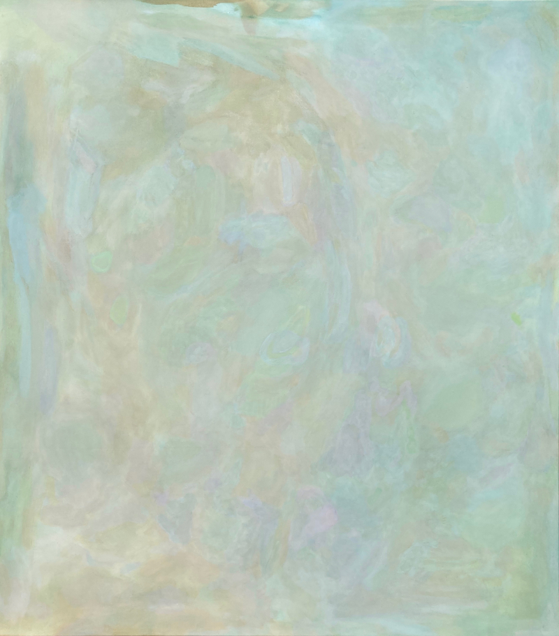 Acrylic painting in green tones titled 'From green', 2022
